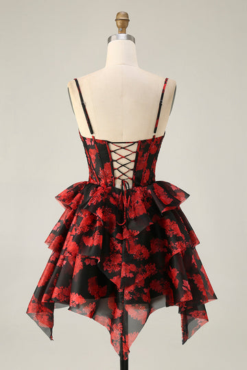 Black Red Corset Tiered A Line Homecoming Dress